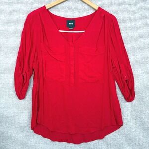 Maeve Red Blouse 3/4‎ Roll Tab Sleeve Pockets V-Neck Casual Top Sz M Y2K Relaxed